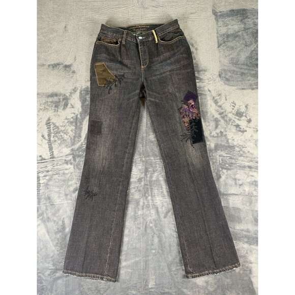 Lauren Ralph Lauren Jeans Women's Size 4 Black Denim Embroidered Patchwork RARE - Picture 2 of 14